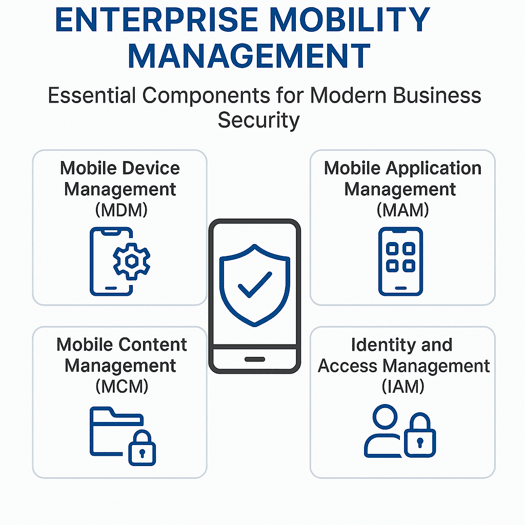 Enterprise Mobility Management dashboard showing device security controls and management features