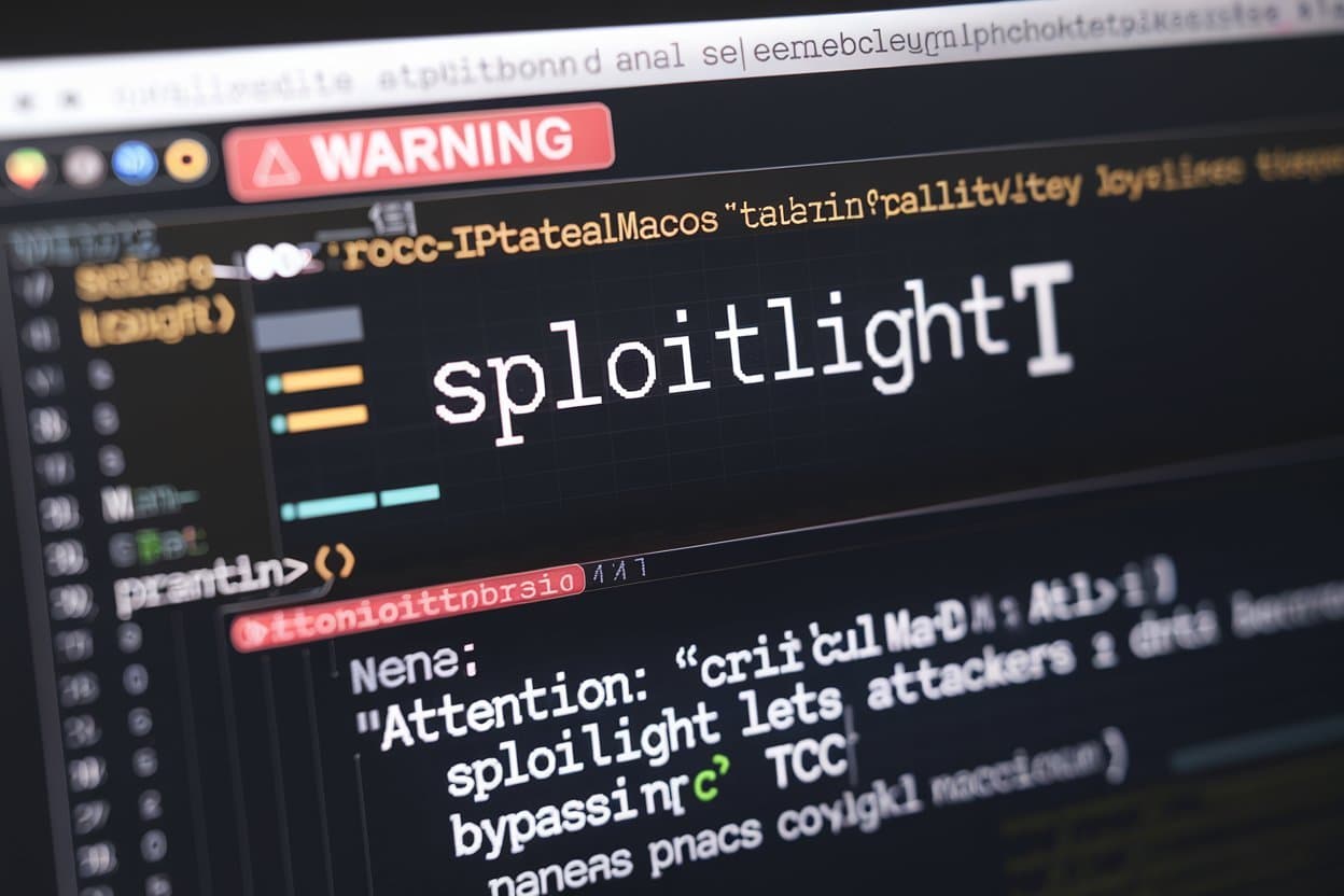 macOS vulnerability illustration showing Sploitlight TCC bypass attack