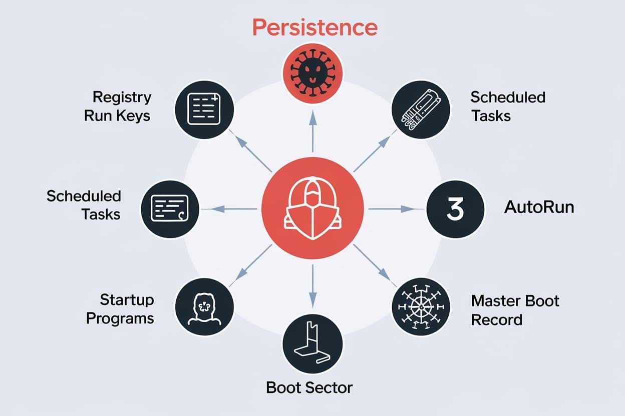 Diagram showing six malware persistence mechanisms used by hackers