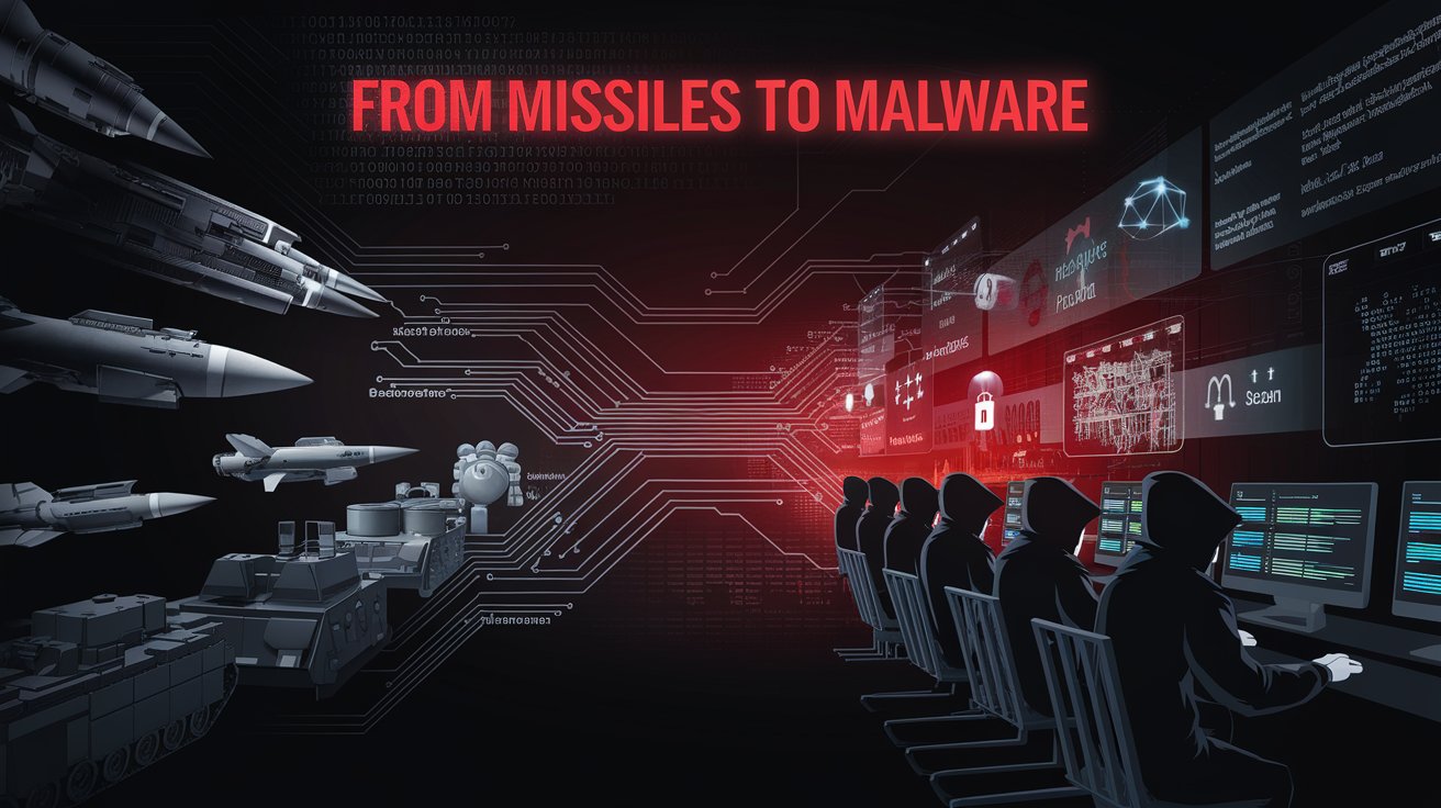 A digital battlefield showing missiles turning into malware